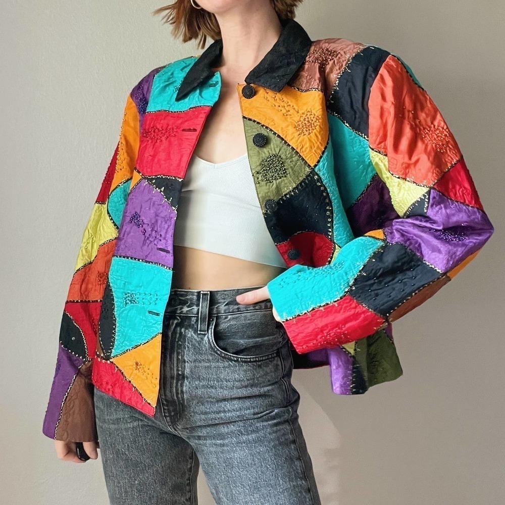 Vintage 1980/90s Funky Rainbow Tapestry Patchwork Lightweight Jacket - Picture 3 of 6